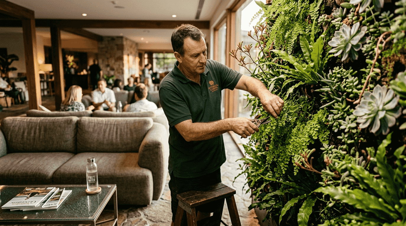 Worker trims living wall in hotel lobby