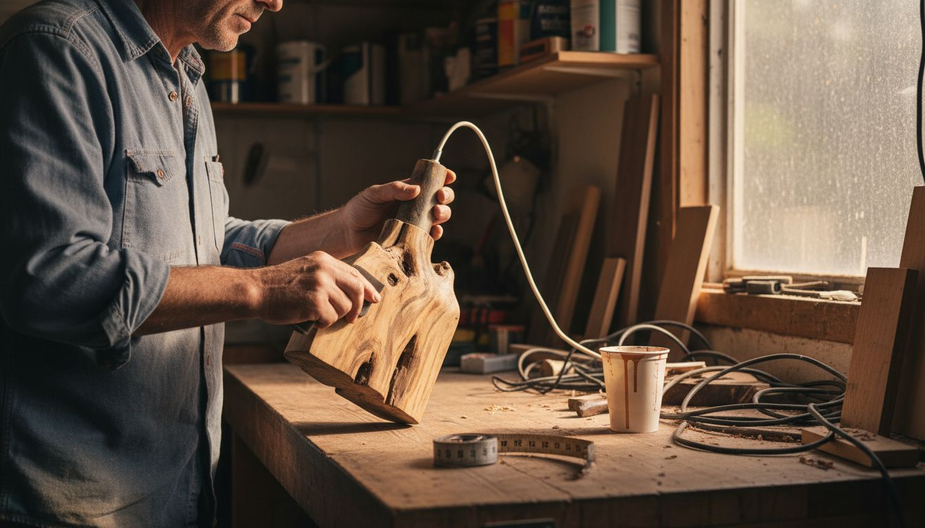 Craftsman sanding reclaimed wood pendant light