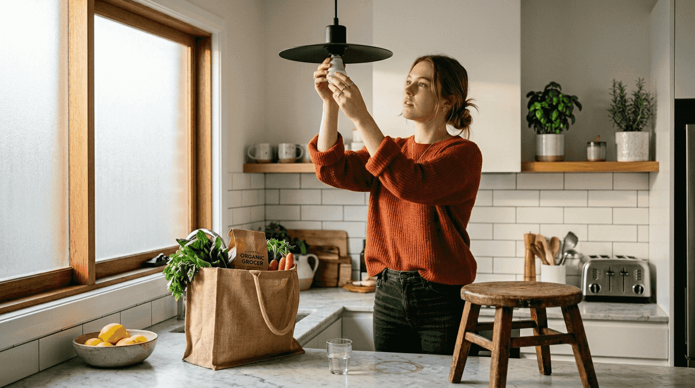 Woman installing eco-friendly LED kitchen lighting