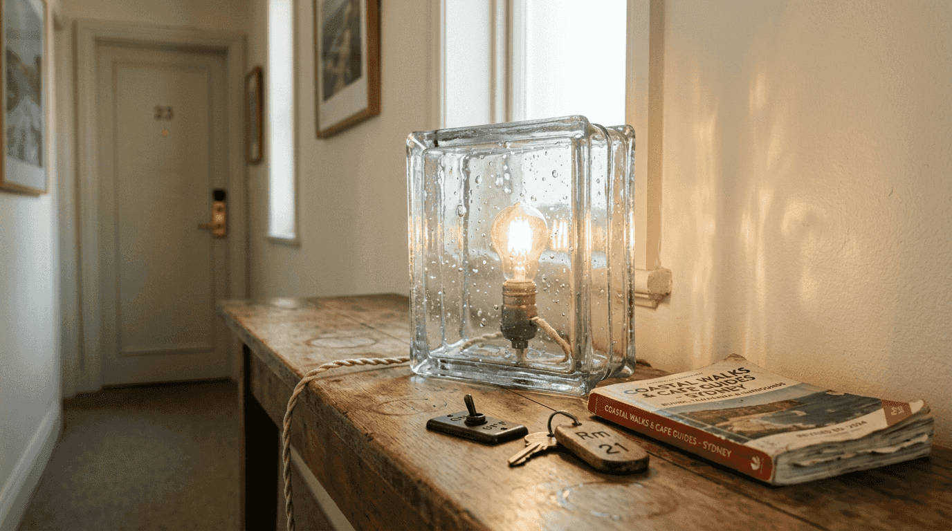 Handmade glass lamp details on hallway table