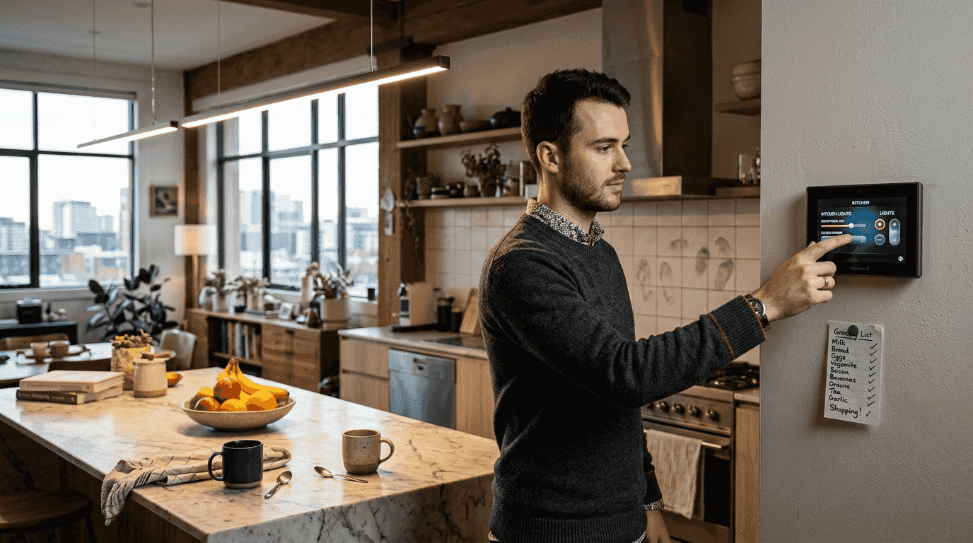 Man adjusting smart lighting panel in kitchen