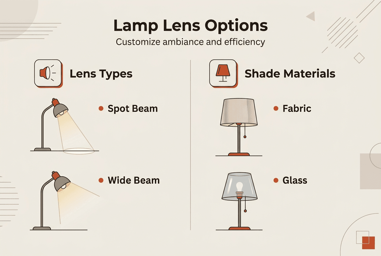 Infographic showing lamp lens types and shade materials