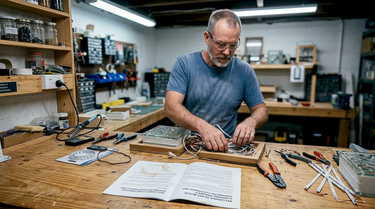 Maker preparing eco lamp workspace and materials