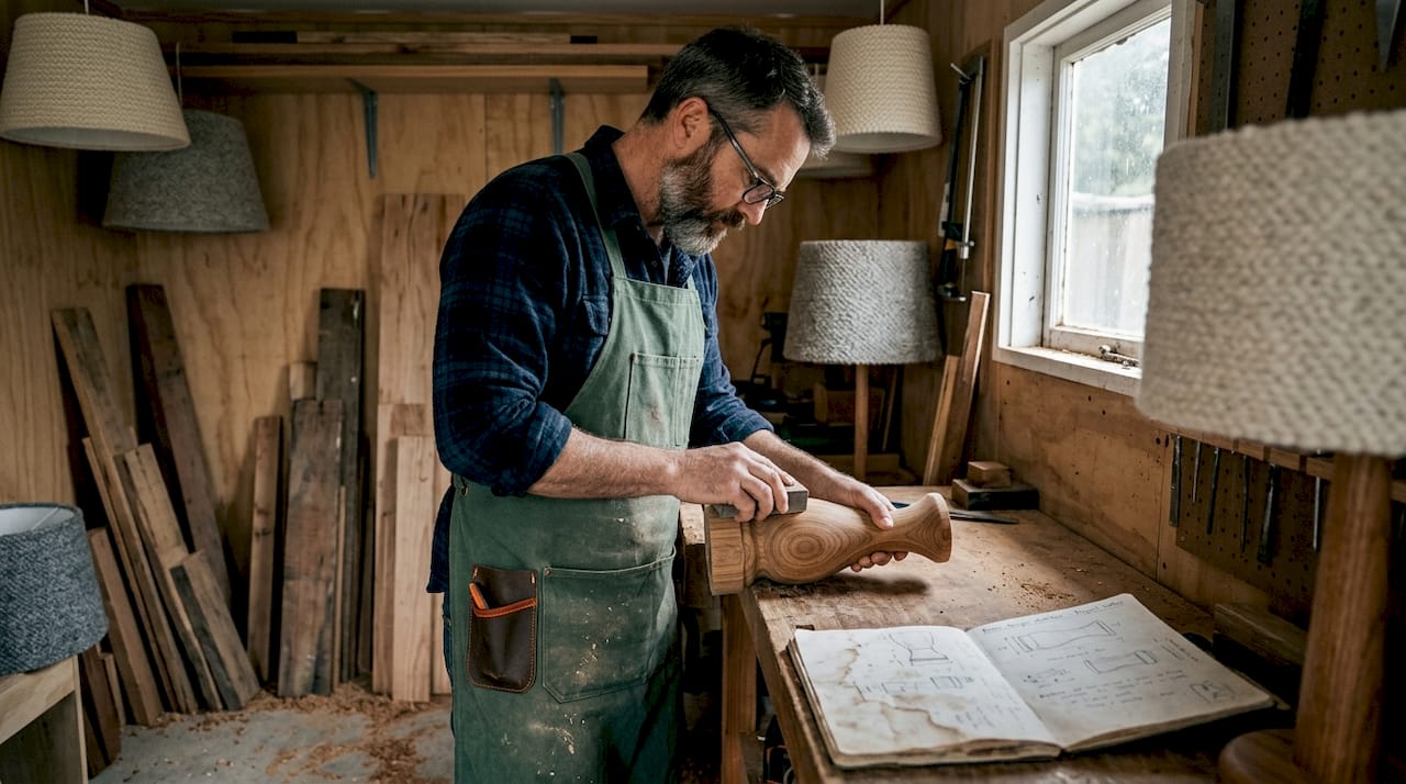 Craftsperson sanding sustainable lamp base