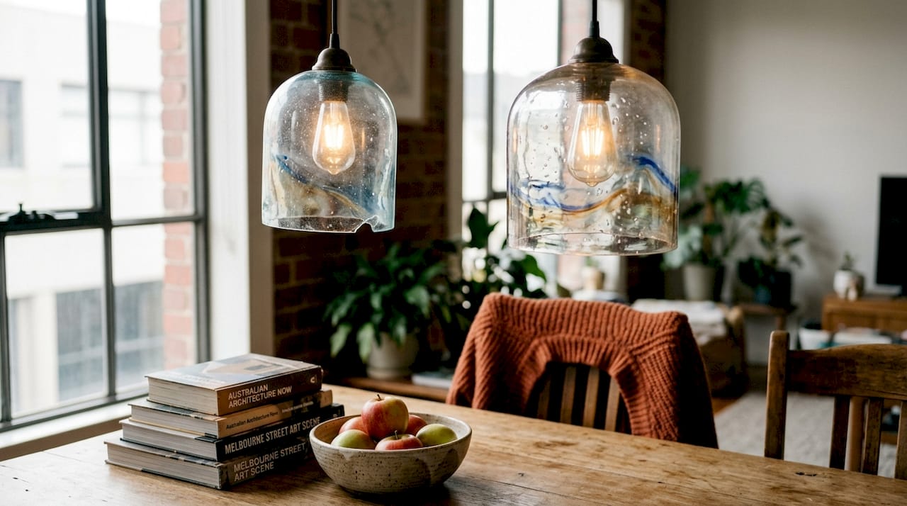 Detailed view of reclaimed glass pendant lighting