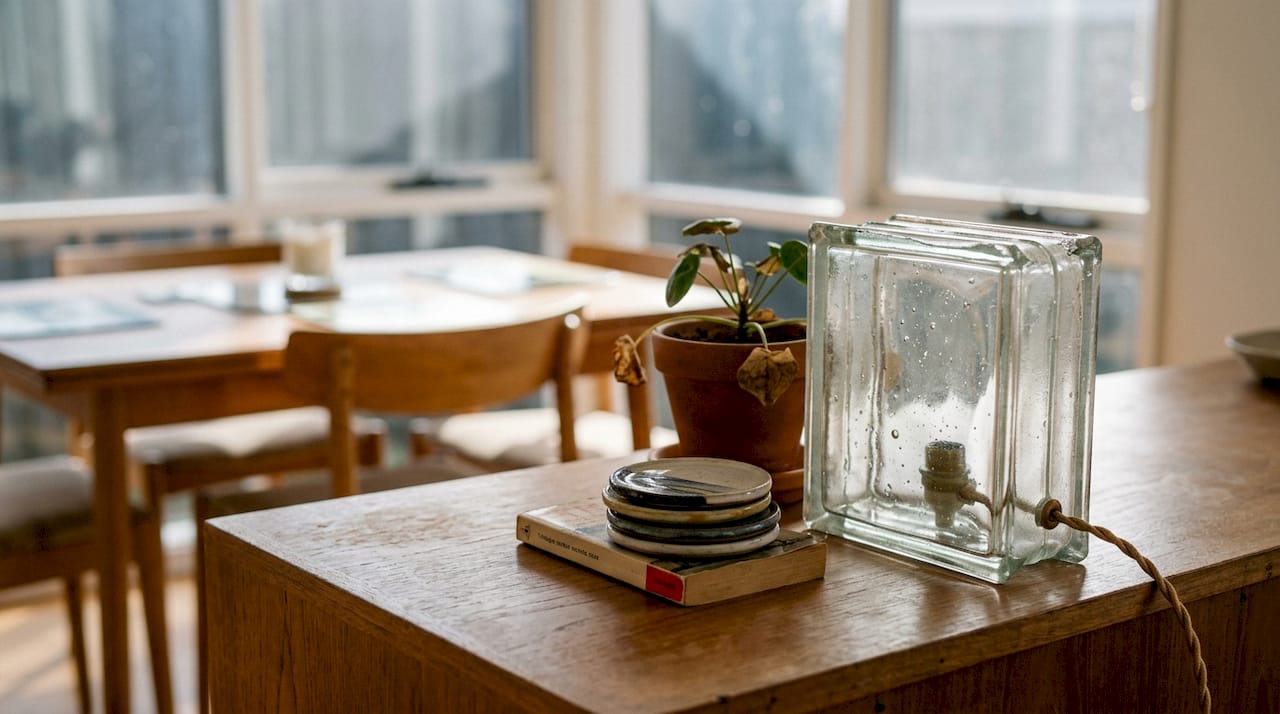 Reclaimed glass lamp with ceramic coasters on sideboard