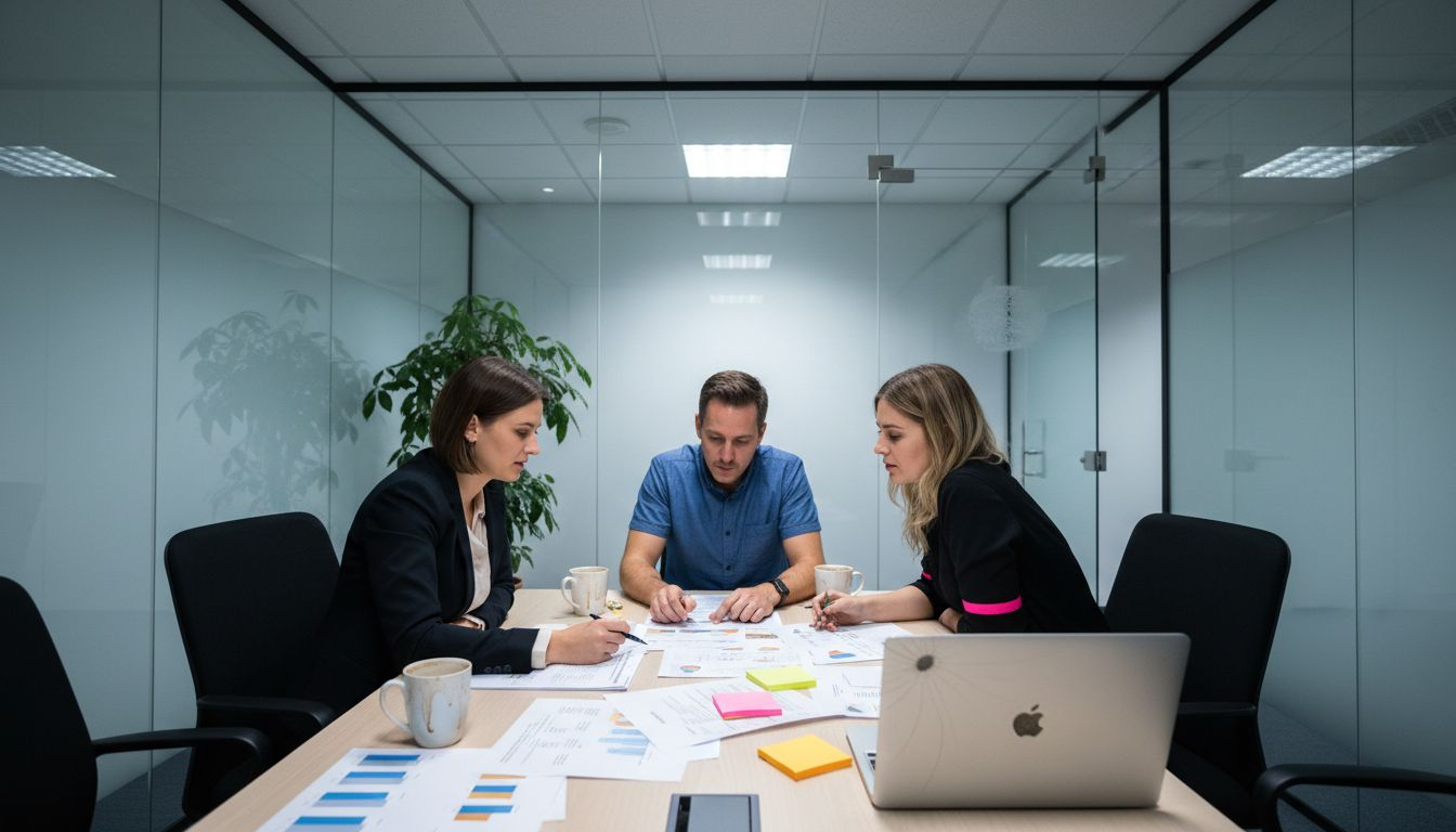 Customer service team reviewing printed service reports
