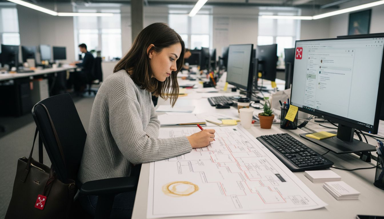 Analyst studying printed customer journey stages