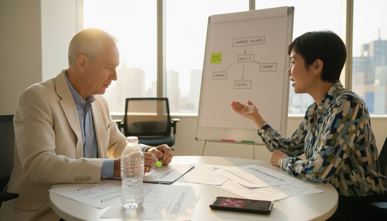 Managers discuss McKinsey 7S framework diagrams