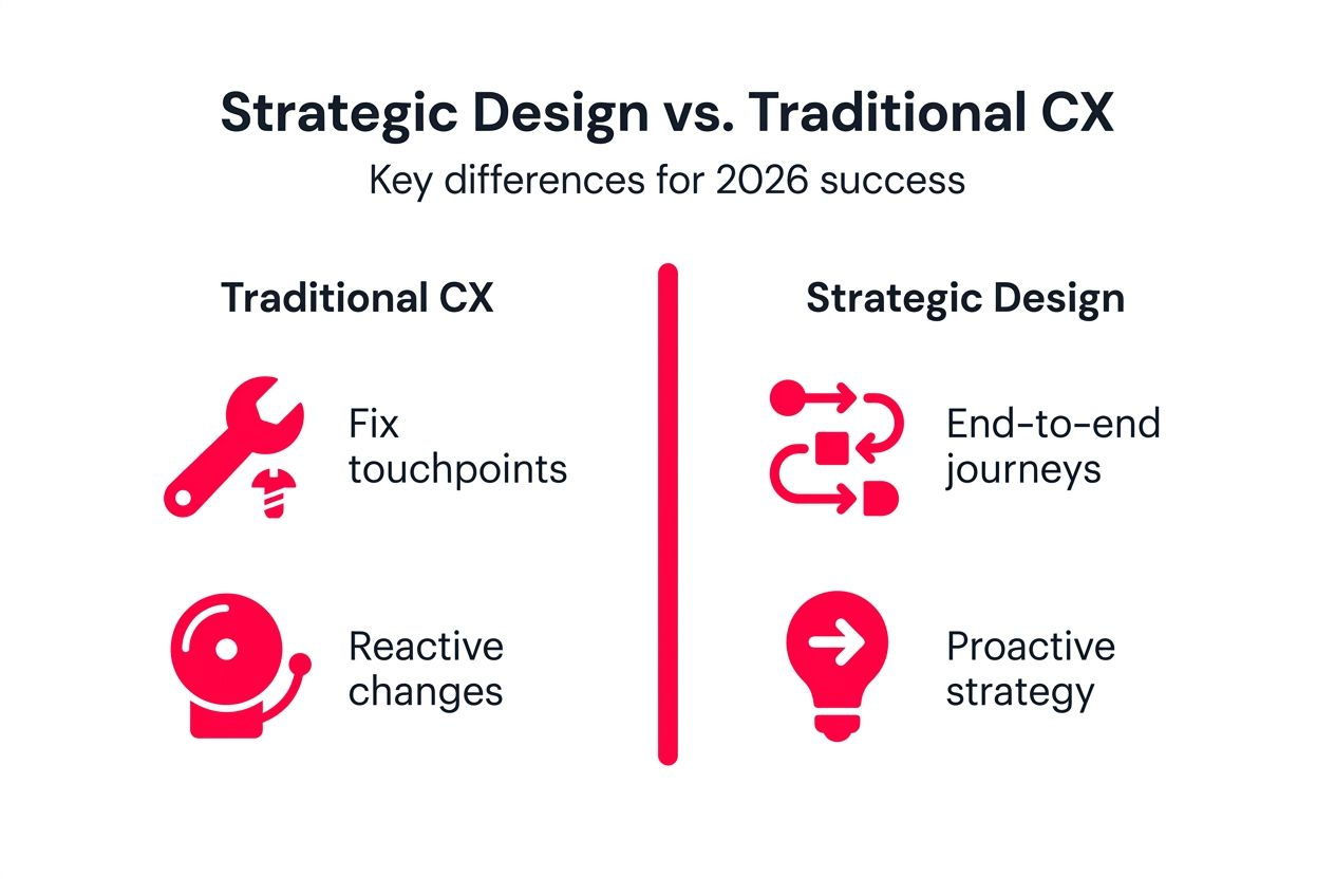 Infographic showing strategic design versus traditional CX