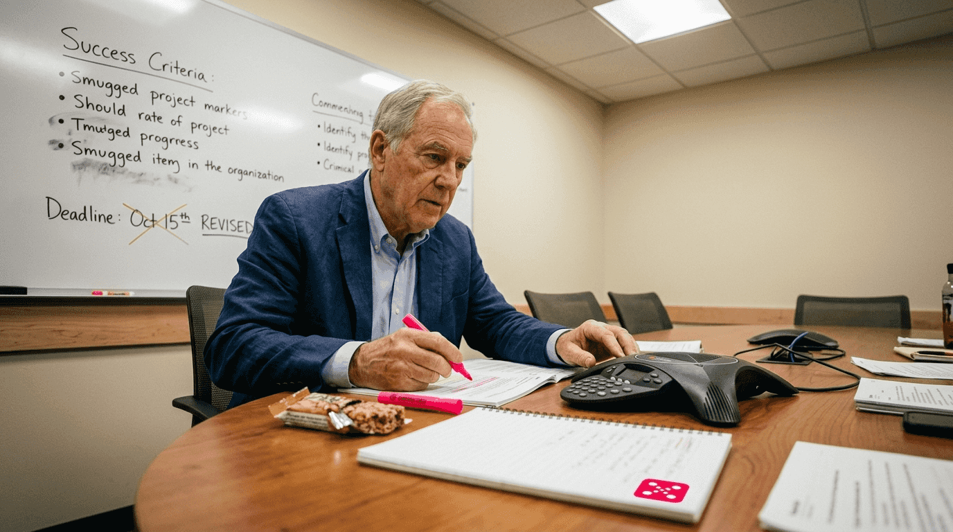 Project lead reviews preparation documents in meeting