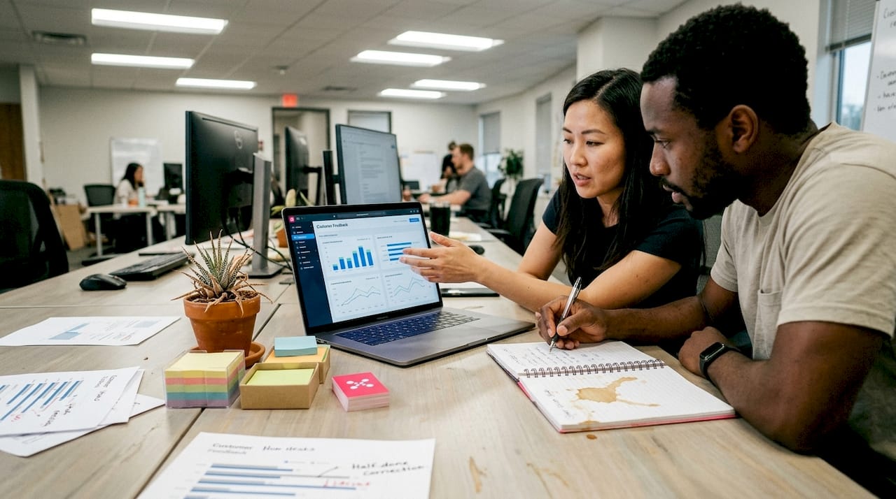 Team analyzing customer feedback in workspace