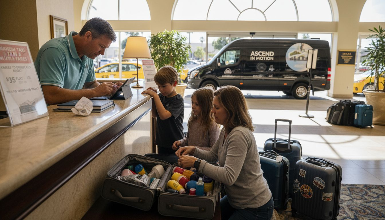 Travelers comparing taxi options in Anaheim hotel lobby