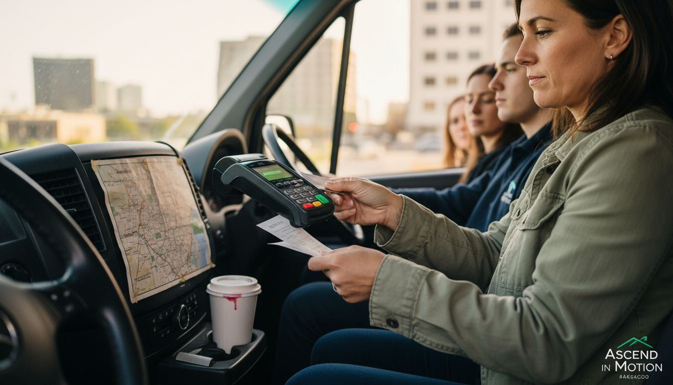 Passenger paying LAX shuttle fare inside van