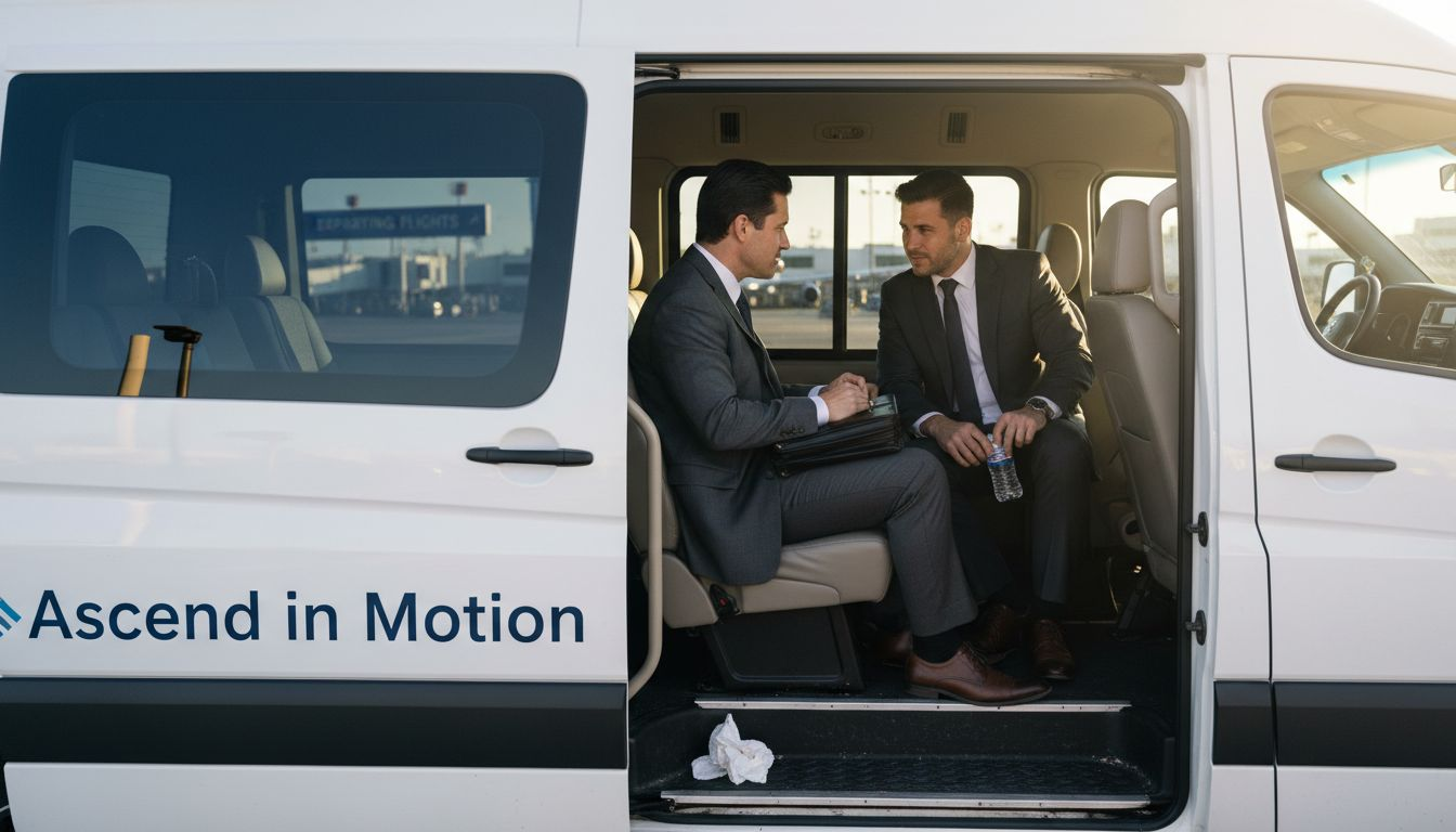 Professionals seated in private airport shuttle
