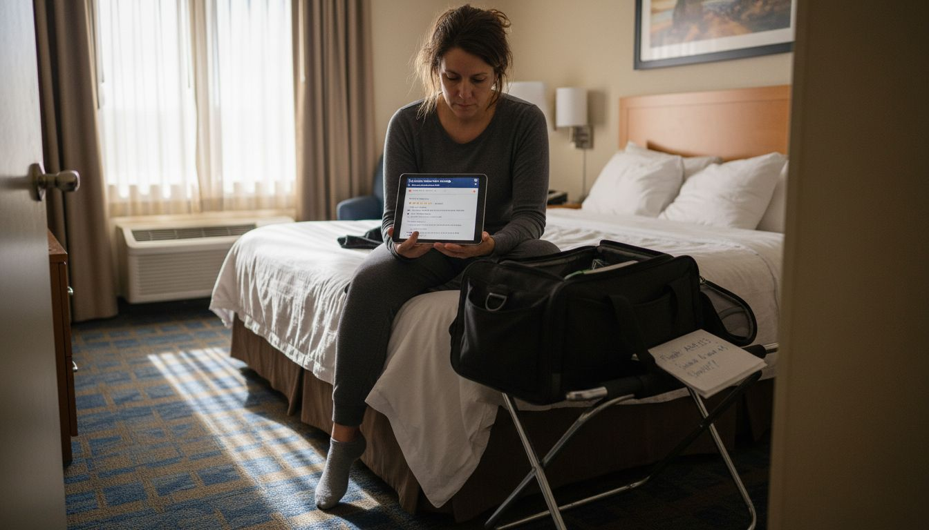 Traveler checking shuttle reviews in airport hotel room