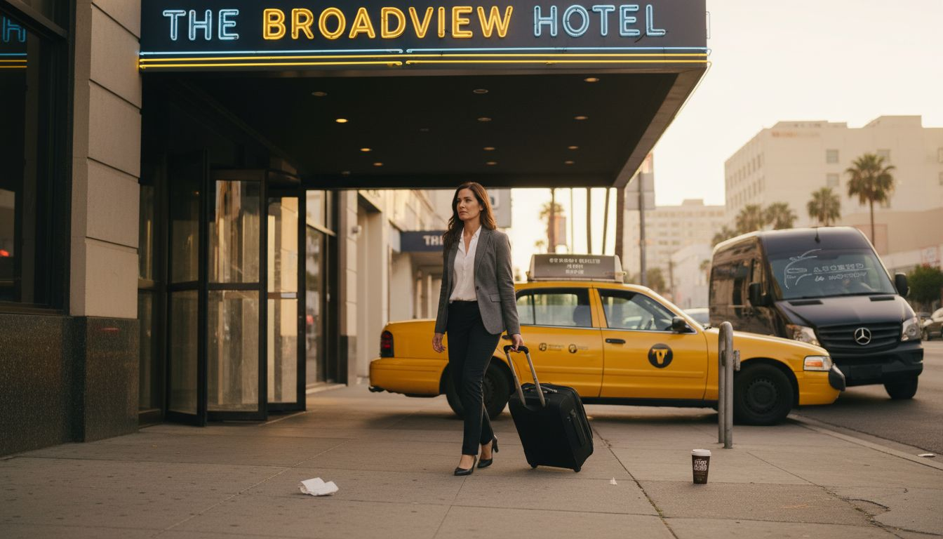 Businesswoman arriving by taxi at downtown hotel