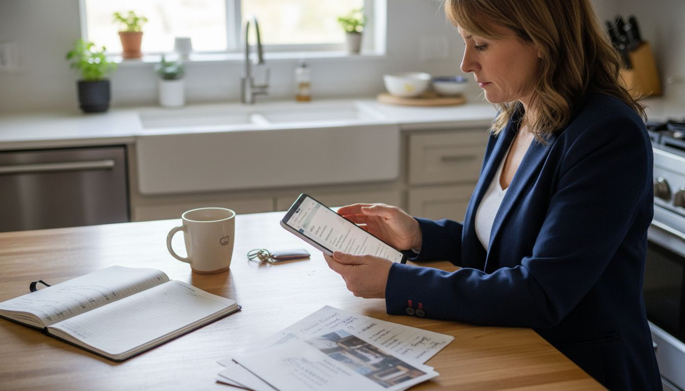 Executive reviews chauffeur service options at kitchen table