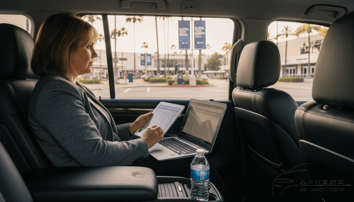 Luxury SUV interior with business traveler and equipment