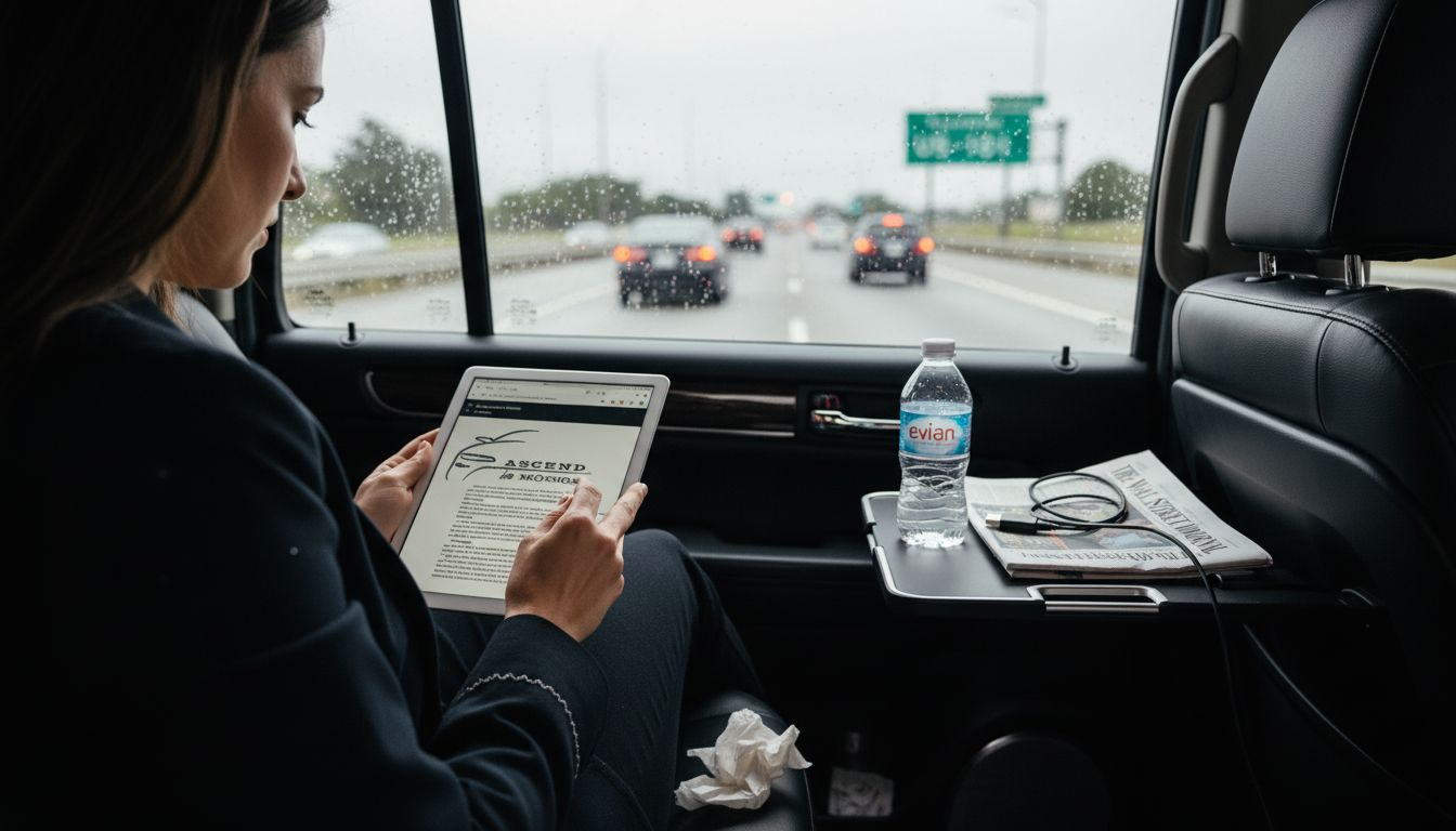 Passenger using amenities in luxury car