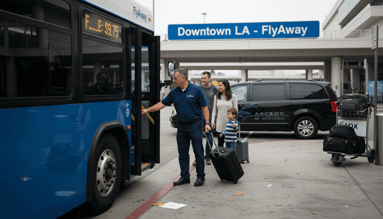 Family boarding FlyAway bus at LAX
