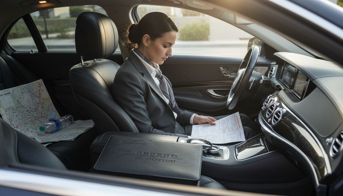 Chauffeur reviewing trip details inside sedan