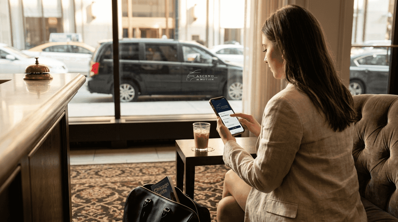 Woman booking cab on phone in hotel lobby