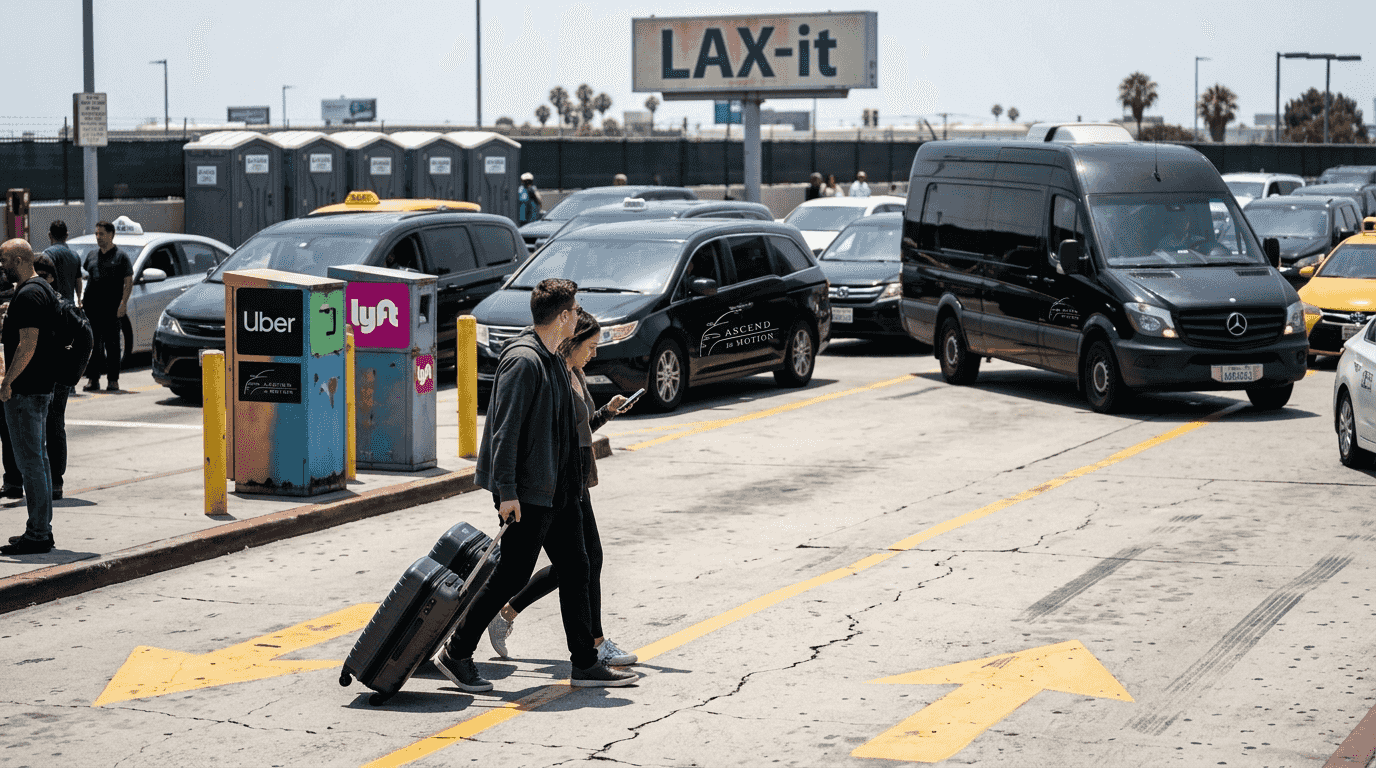 Travelers navigating LAX-it rideshare pickup area