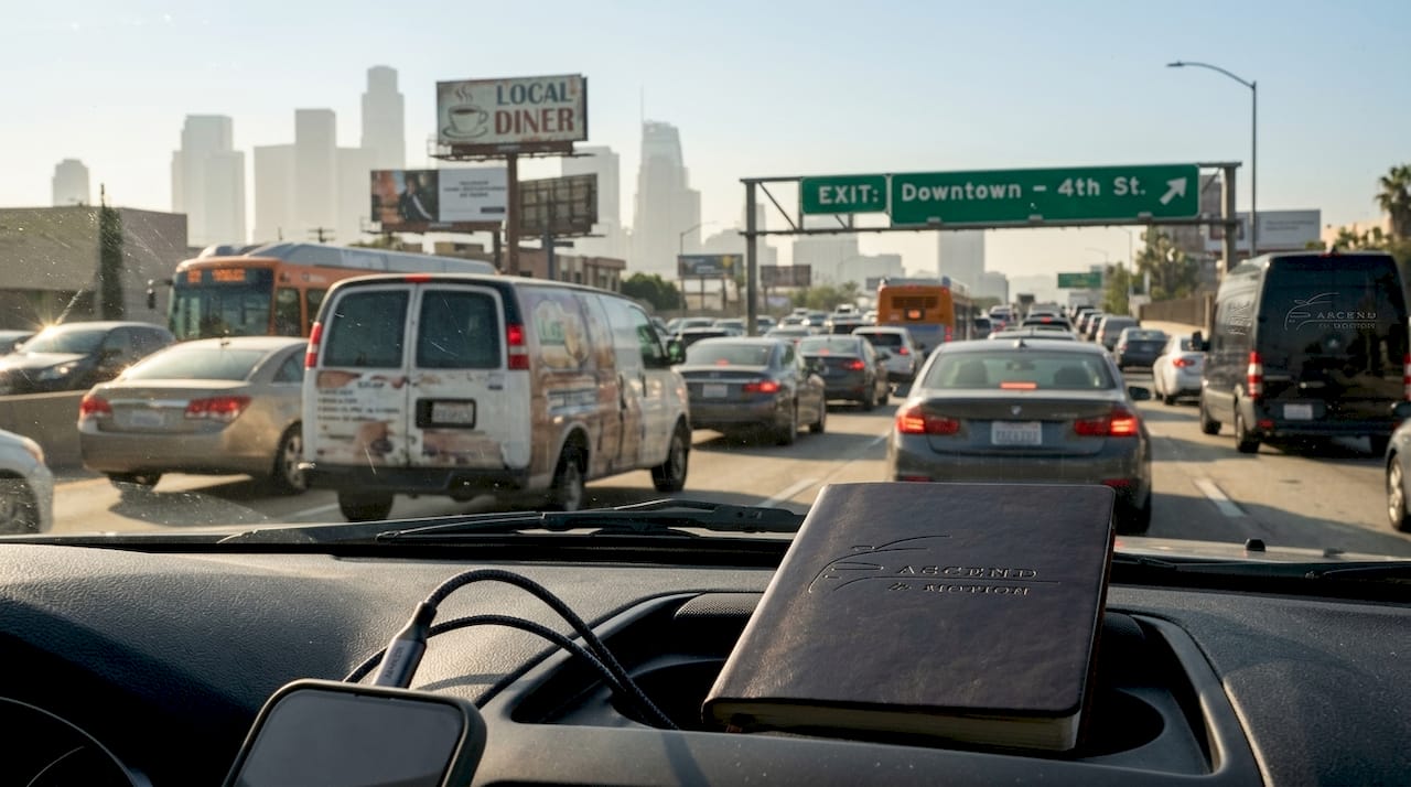 Morning traffic on downtown LA freeway