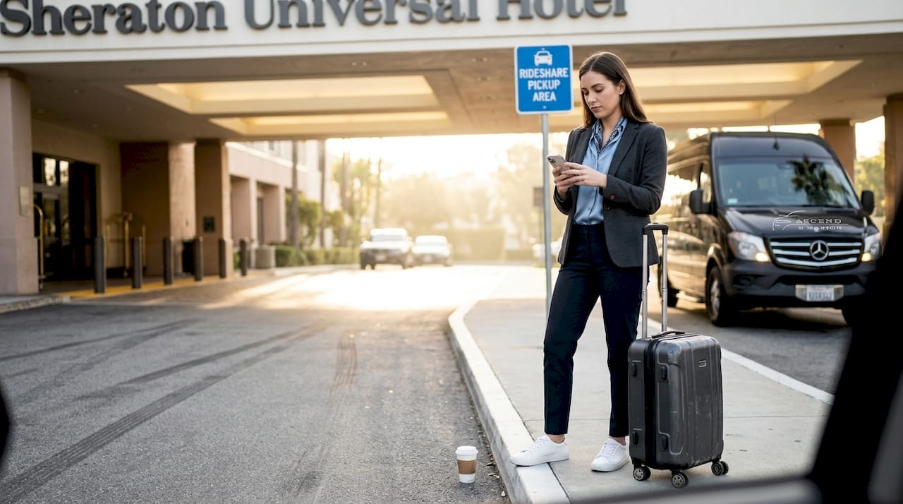 Rideshare pickup outside Sheraton Universal Hotel