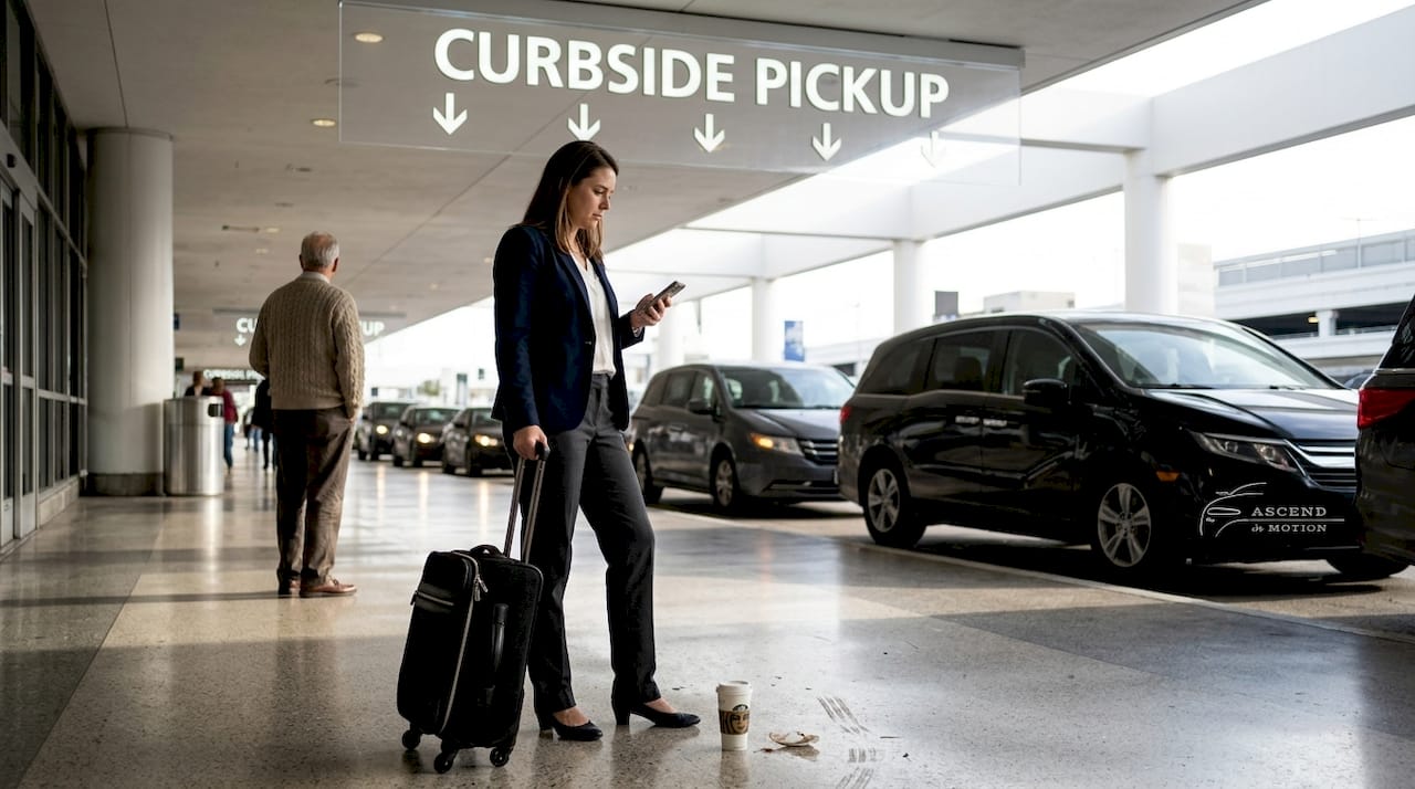 Traveler checks phone near LAX curbside sign