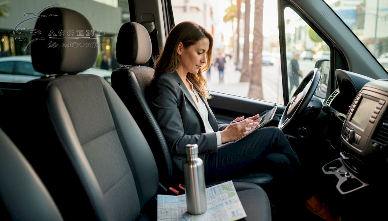 Passenger reviews notes in car on Wilshire Blvd