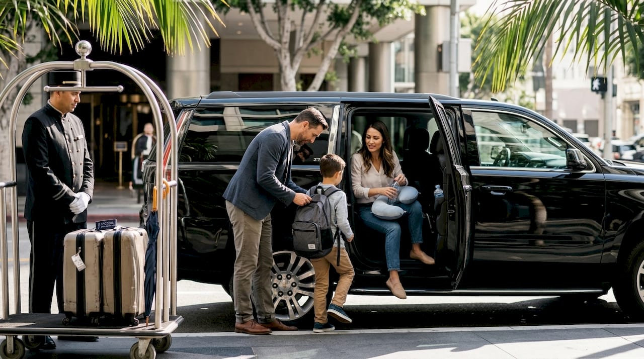 Family entering chauffeured car in LA