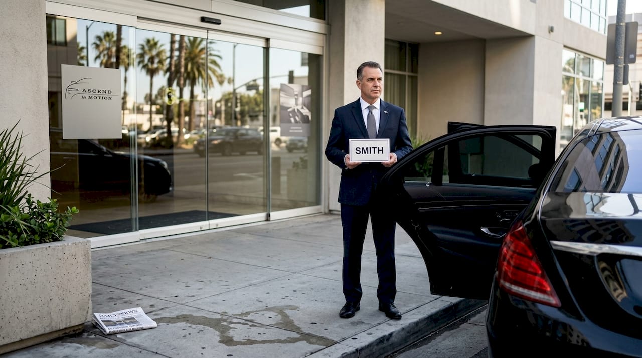 Chauffeur awaits guest by black sedan at hotel