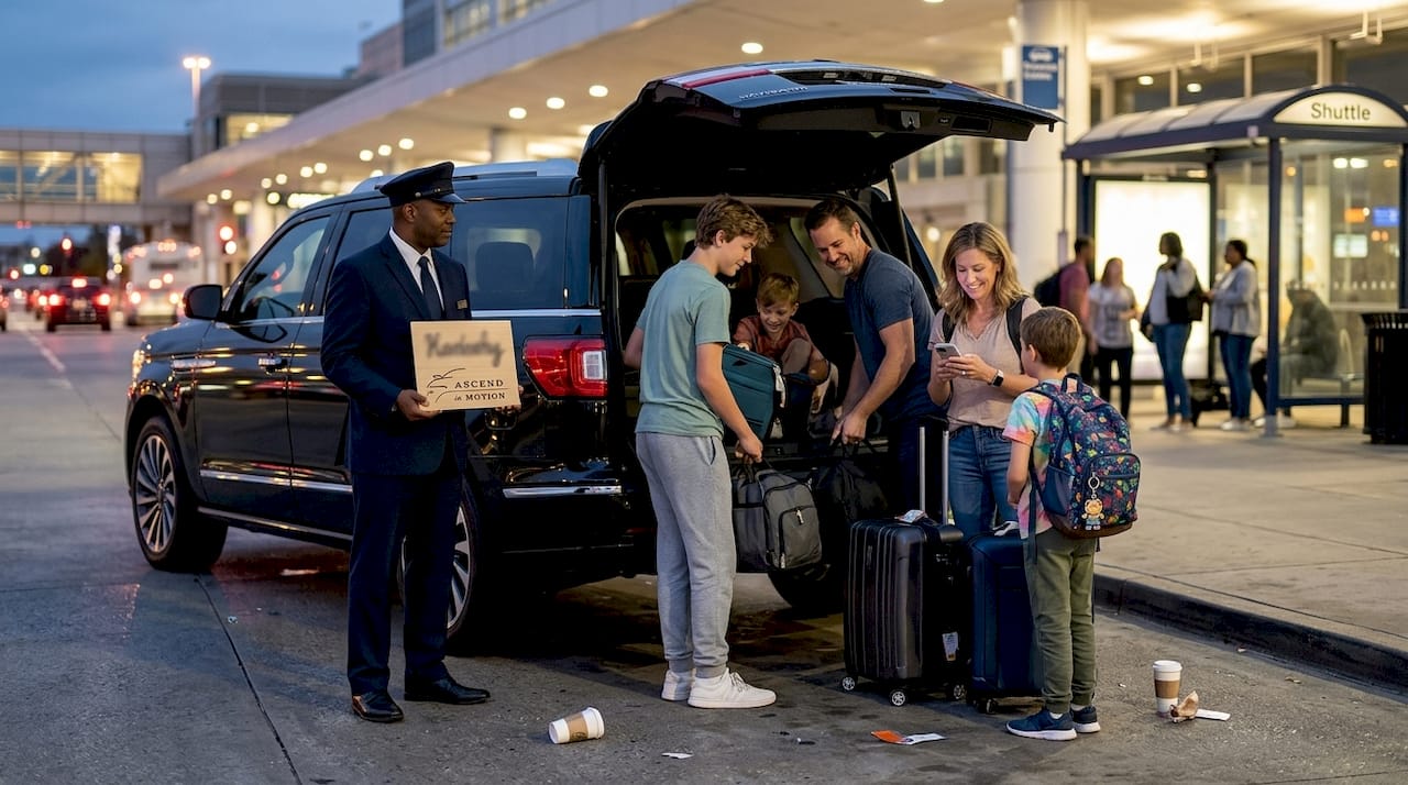 Family meeting chauffeur at airport pickup zone