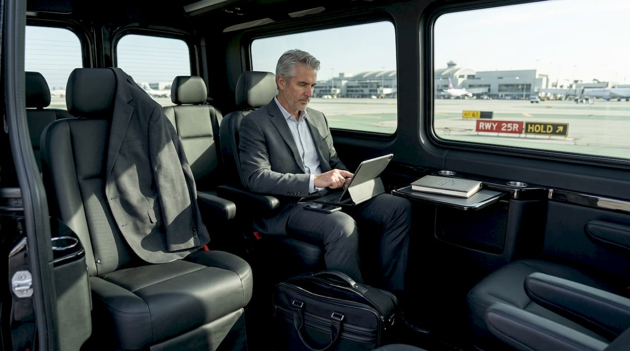 Business traveler reviewing notes in airport van