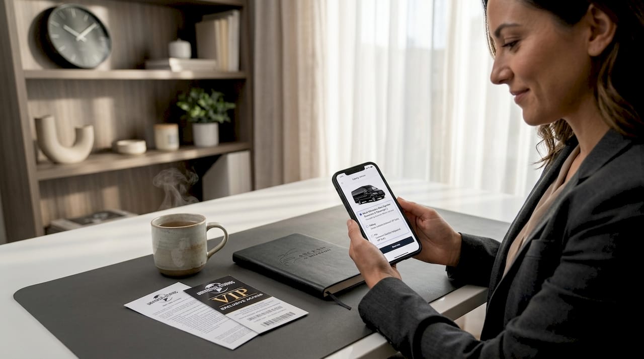 Traveler booking luxury car service at home