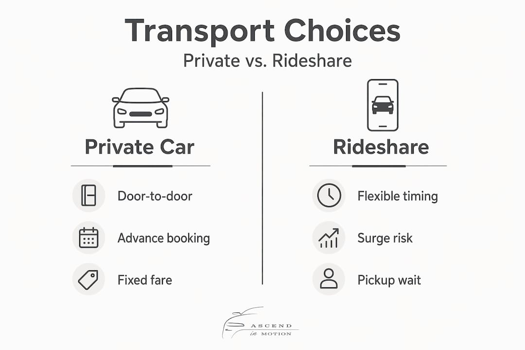 Infographic comparing private car and rideshare options