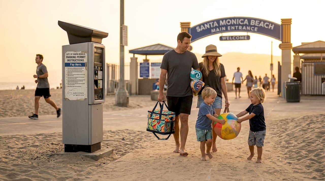 Family approaches Santa Monica beach entrance