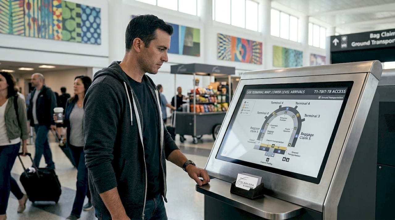Traveler studying LAX terminal map at kiosk