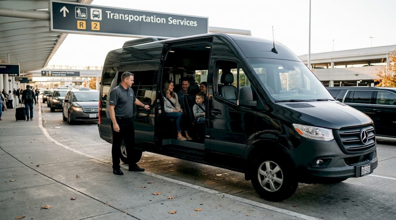 Private airport shuttle loading passengers at curb