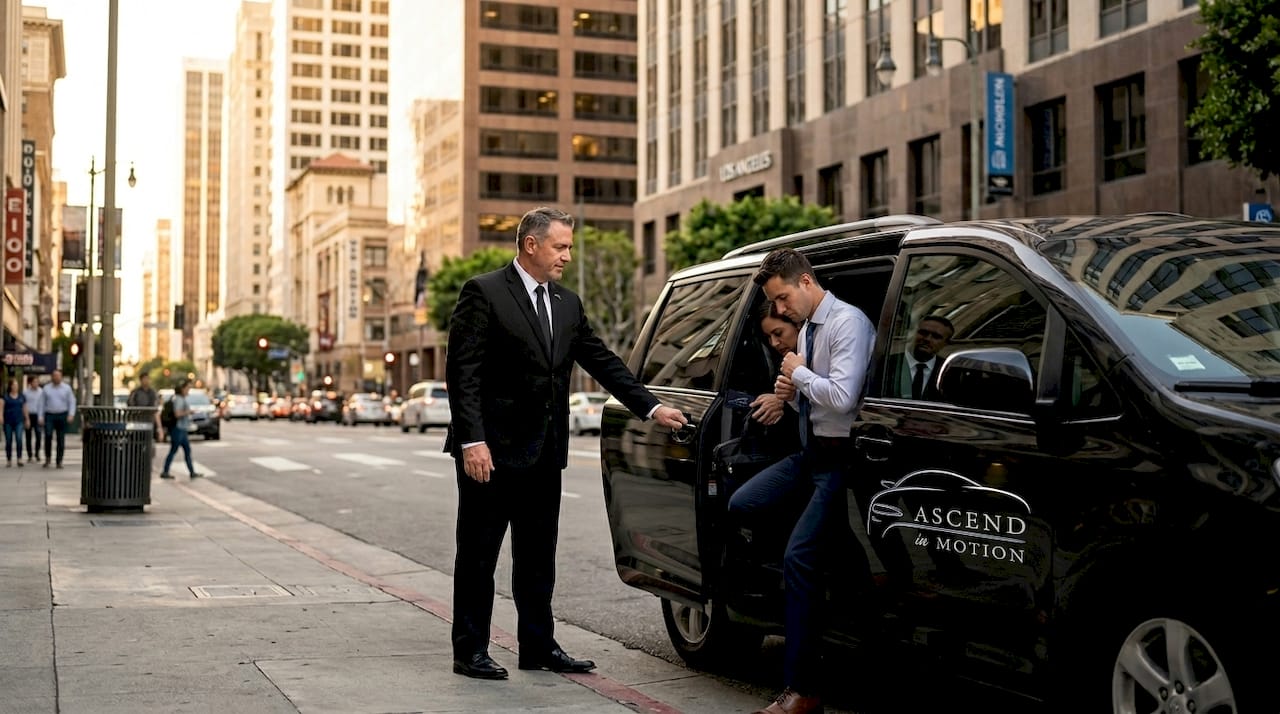 Professional chauffeur beside corporate minivan in LA