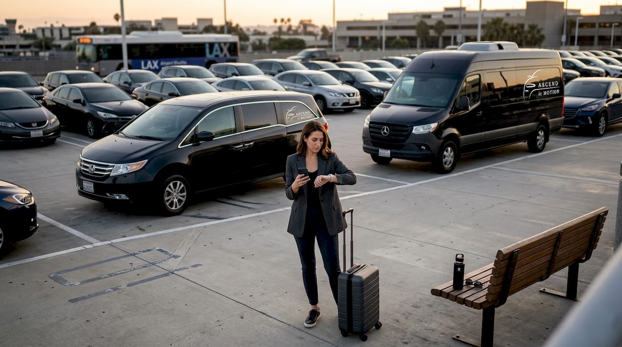 Businesswoman waits at LAX rental car pickup