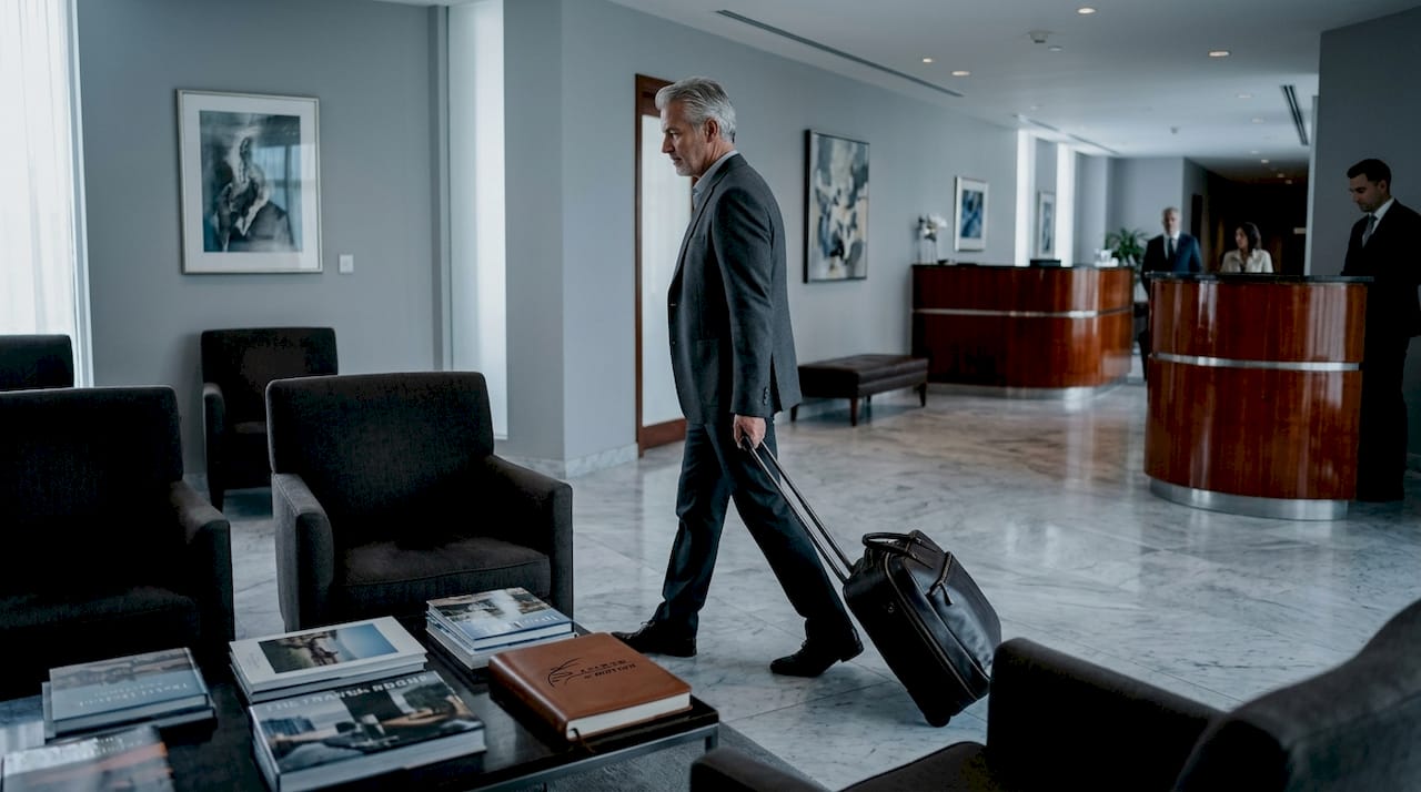 Traveler walking through private terminal interior