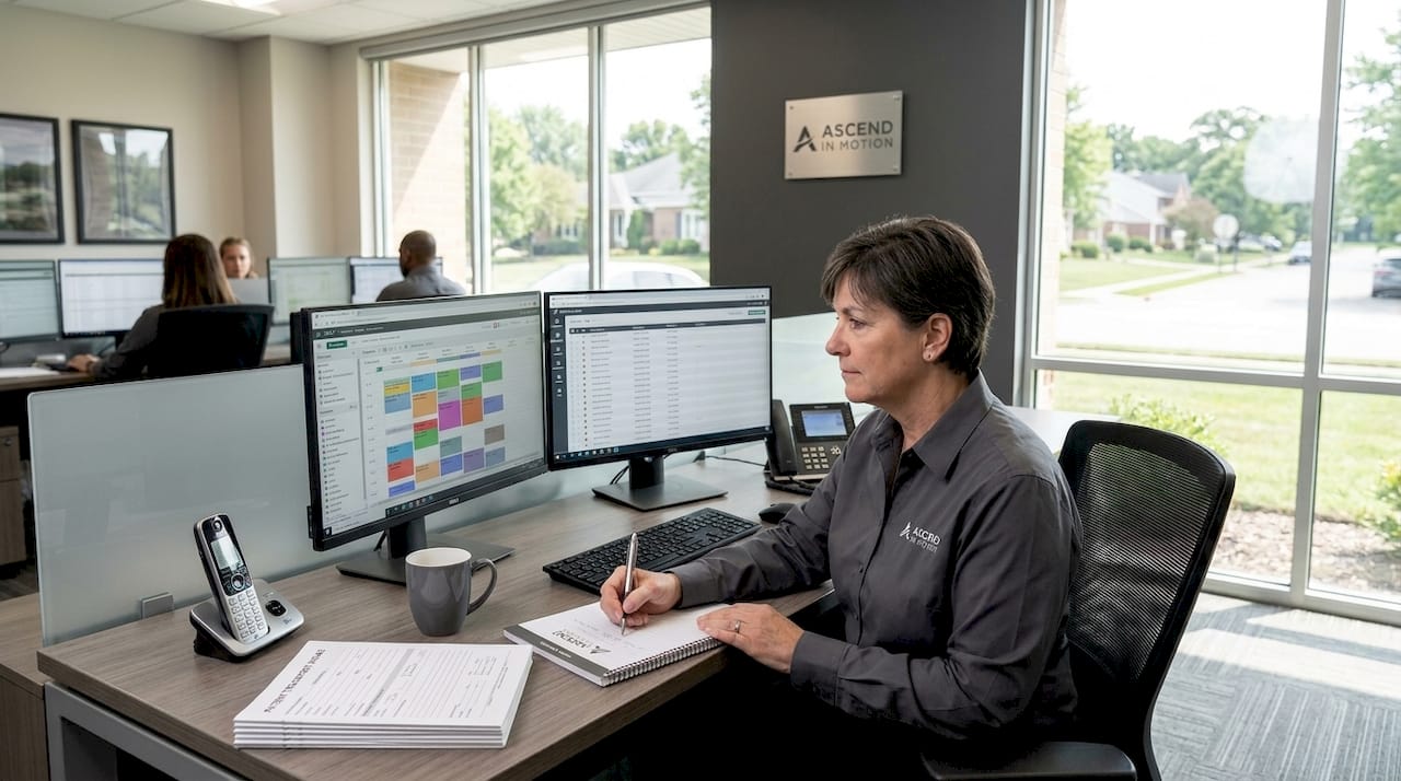 Medical transport dispatcher managing scheduling in office
