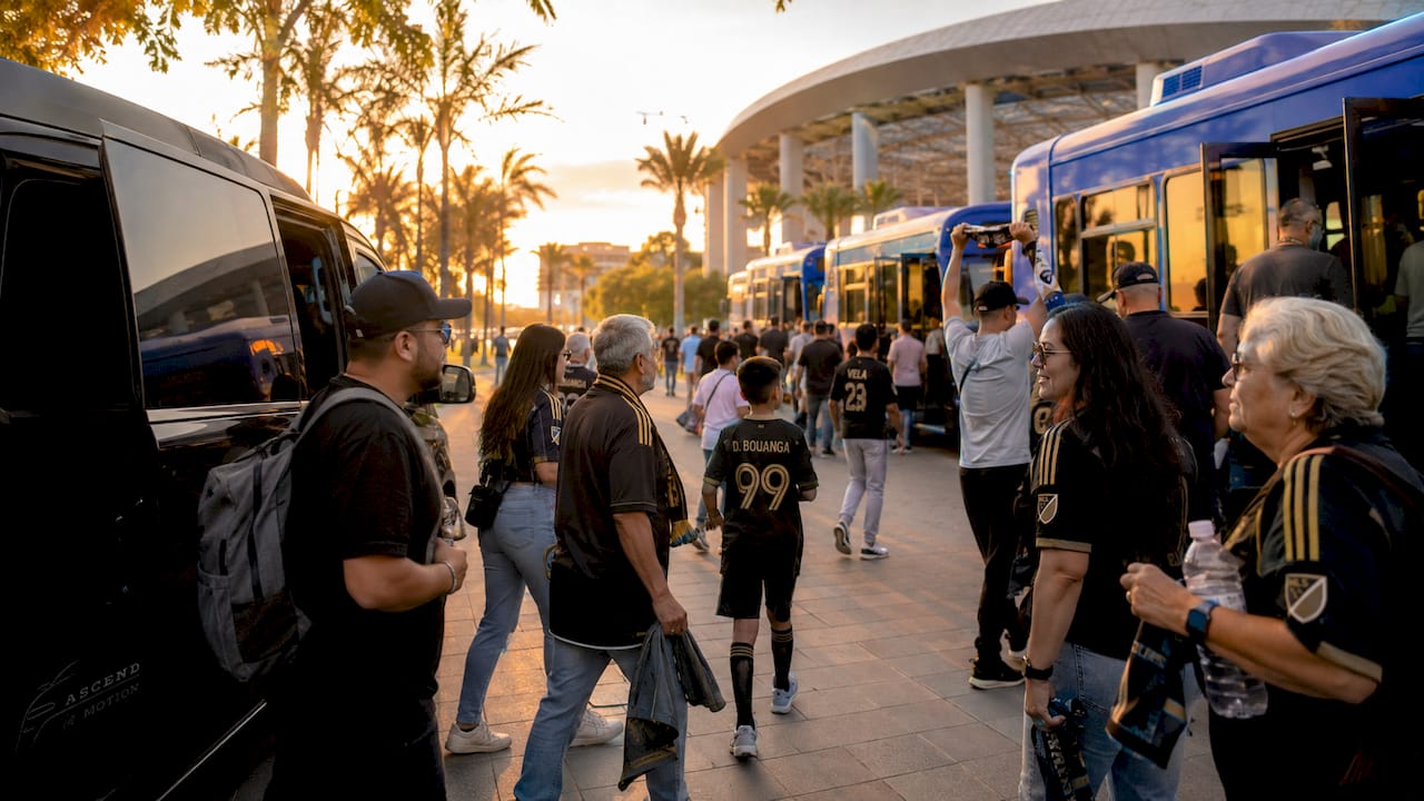 Fans boarding Metro shuttles at SoFi Stadium