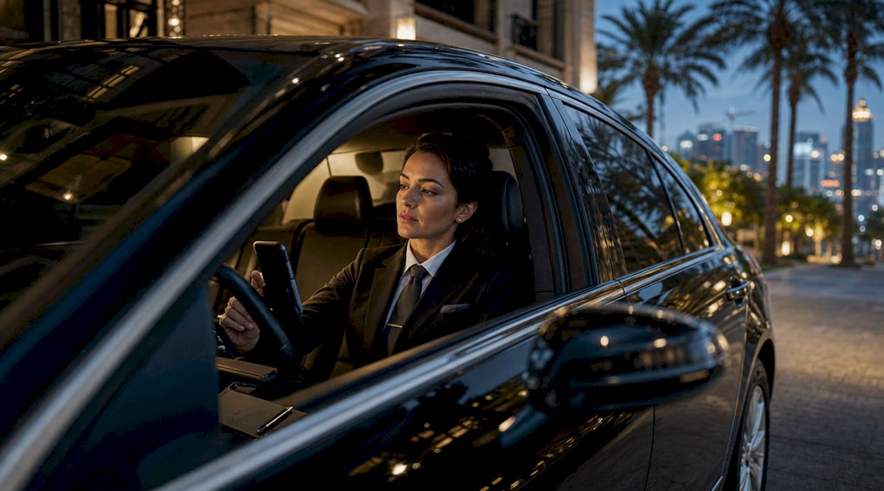 Female chauffeur in SUV checking traffic before departure