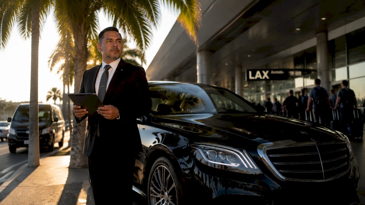 Luxury car waiting for airport transfer at LAX curb