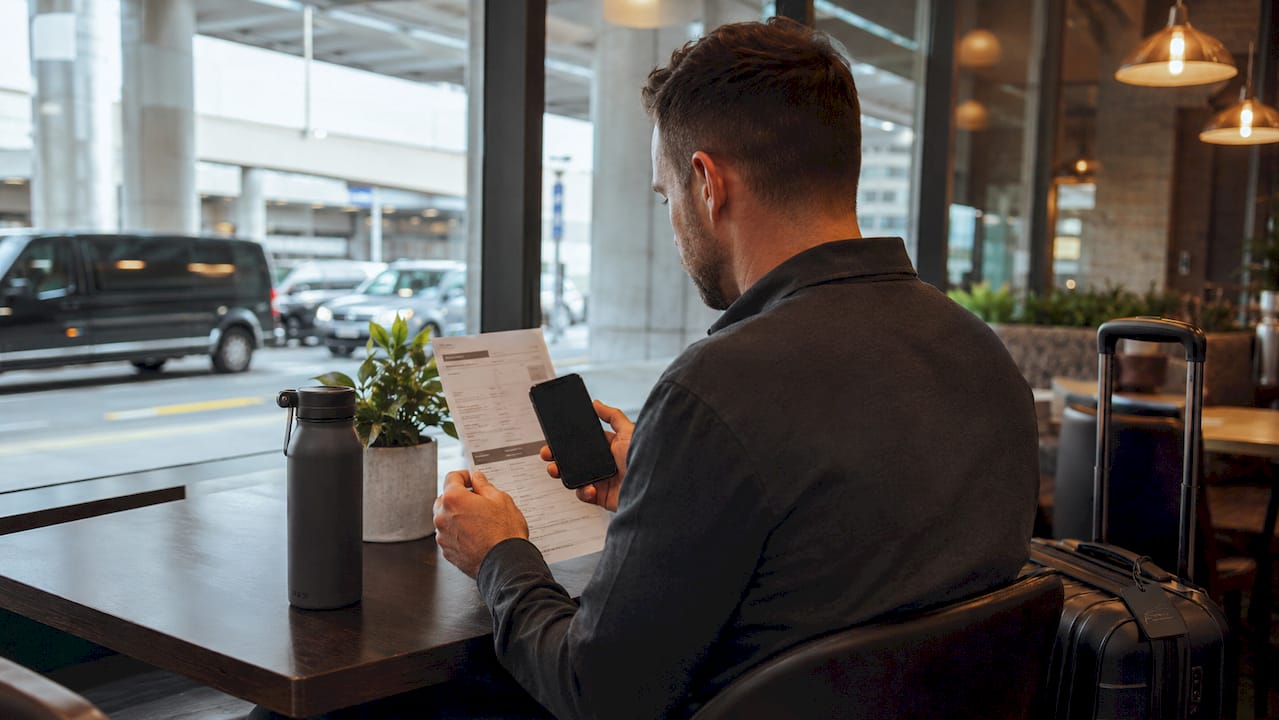 Traveler reviewing LAX pickup confirmation paper