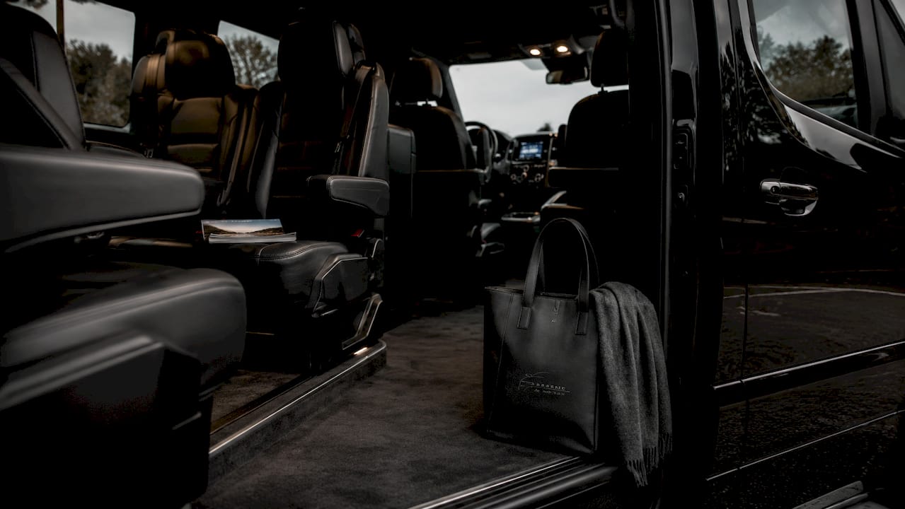 Interior of Ascend in Motion branded Mercedes Sprinter vehicle at LAX